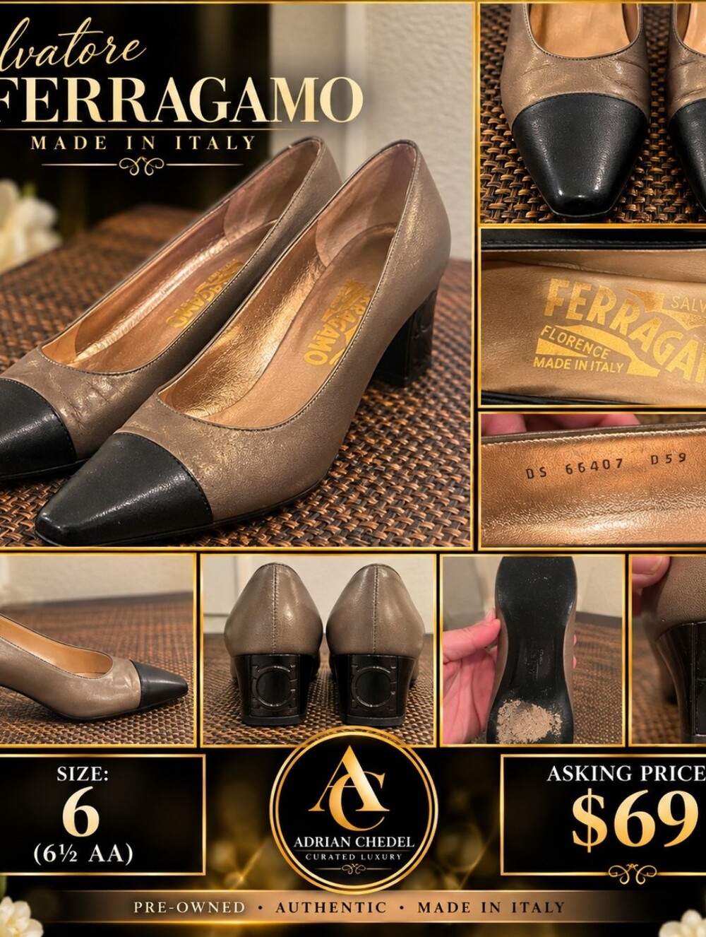 Salvatore Ferragamo Two-Tone Olive and Black Leather Pumps